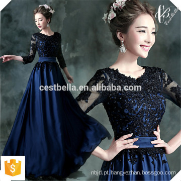 Comprimento do chão meia manga em volta do pescoço com fecho de correr rendas elegante longo Royal Blue vestido de noite barato stock vestidos de dama de honra